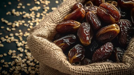 Dates fruit in a burlap bag on a black background.