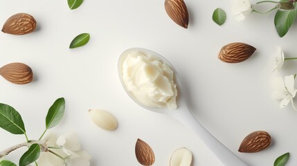 Almond butter in wooden spoon on white background. 3d rendering