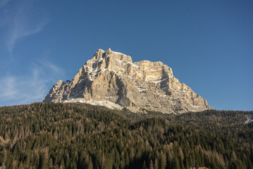Civetta resort. Panoramic view of the Dolomites mountains in winter, Italy. Ski resort in Dolomites, Italy. Aerial  drone view of ski slopes and mountains in dolomites.