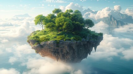 3D illustration of a floating island with mountains, trees, and animals isolated in the clouds. - obrazy, fototapety, plakaty