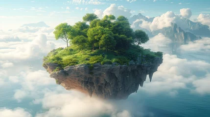 Fotobehang 3D illustration of a floating island with mountains, trees, and animals isolated in the clouds. © Zaleman