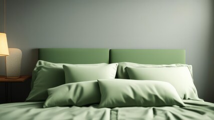 Bed with lots of pillows in pistachio color.