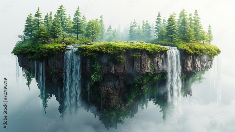 Poster the floating island of forest has nice landscape with green grass and waterfalls on a white backgrou