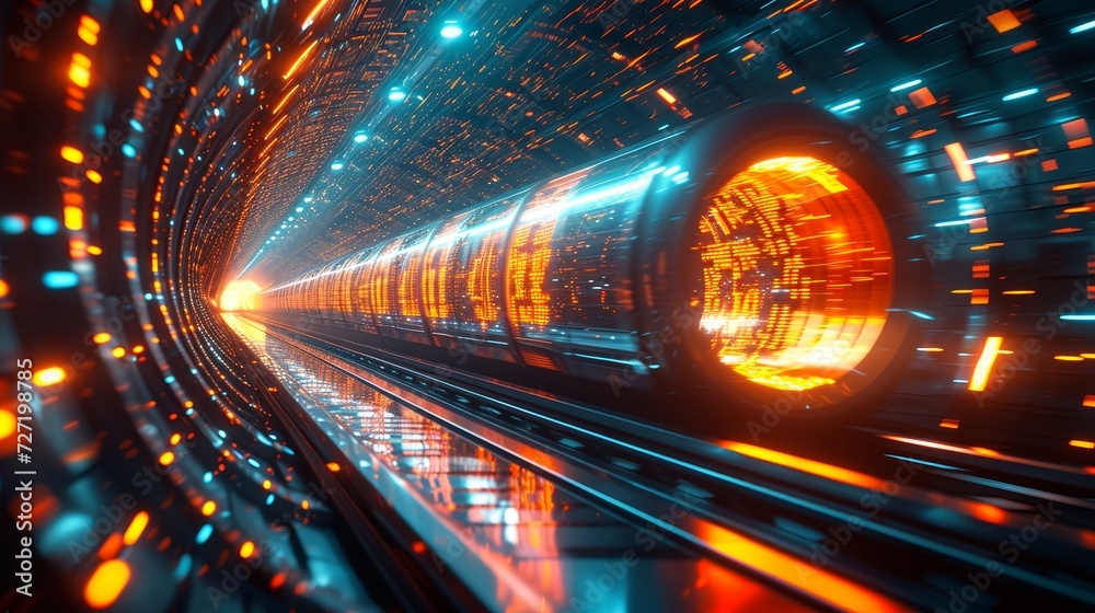 Poster a fast express train on the high speed intercity railway moves from city to city. it is futuristic t