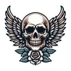 Skull wings vector illustration, winged skull badge emblem template suitable for apparel t-shirt, poster, motorbike club logo, tattoo. Design isolated on white background