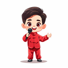 Oriental cartoon boy singing with a microphone