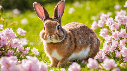 Rabbit in the grass with pink flowers in the background. Spring.