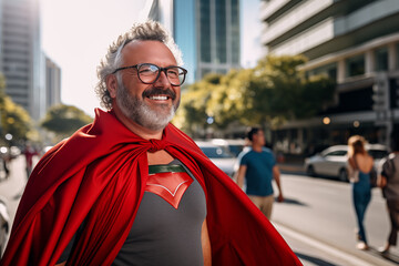 Middle aged man in the middle of the city in Super Hero costume - Powered by Adobe