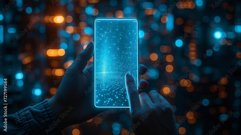 Poster abstract polygonal wireframe closeup of a mobile phone with a white blank screen held in a man's han