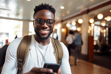 Obraz premium Young African American man using mobile phone