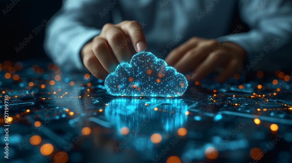 Poster A businessman touch the cloud computing icon network. Cloud technology, Cloud data transfer, and data storage for business networks on the internet.