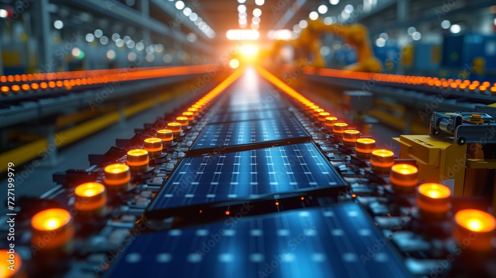Aufkleber an automated manufacturing facility with large production lines with industrial robot arms. a convey