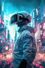 a man in virtual reality glasses explores the virtual world against the backdrop of a futuristic city. virtual games concept.