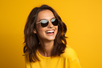 Fototapeta premium Young pretty brunette girl over isolated colorful background with sunglasses