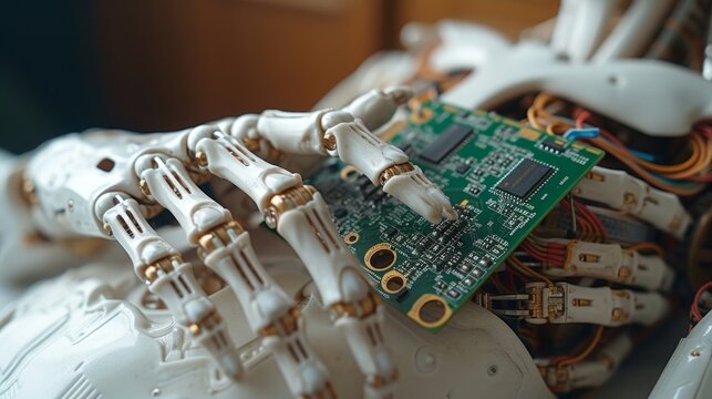 An Android robot hand holds an artificial intelligence chip