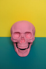 Pink skull on a yellow and blue background. Minimal Halloween concept.