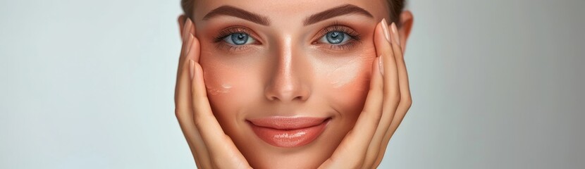 A captivating portrait featuring a woman modeling makeup, ideal for promoting face wash products, her hand delicately touching her fresh face. - obrazy, fototapety, plakaty