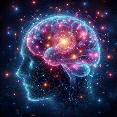 Detailed image of brain, neon lights, constellations, hd, 4k