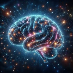 Detailed image of brain, neon lights, constellations, hd, 4k - obrazy, fototapety, plakaty