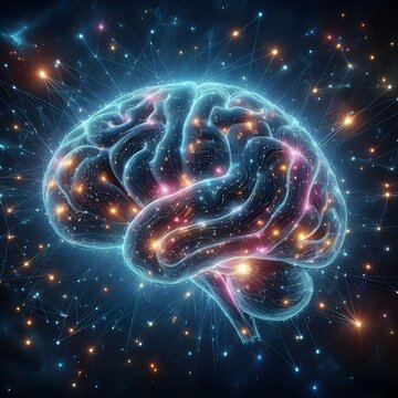 Detailed image of brain, neon lights, constellations, hd, 4k