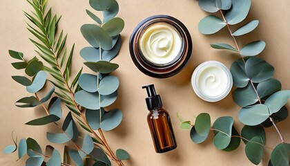 flat lay composition with natural organic cosmetic products on beige background top view hand cream...
