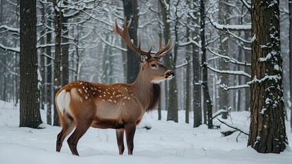a male noble deer in a snow forest, a winter scene, with a background of Christmas