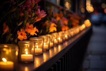 Haunting Still Life: Glowing Candles & Flowers in Night 