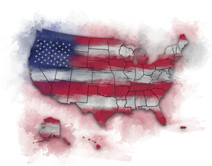 UNITED STATES MAP WATERCOLOR STYLE WITH FLAG - obrazy, fototapety, plakaty