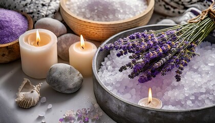 Obraz na płótnie Canvas spiritual aura cleansing ritual bath for full moon ritual candles aroma salt and lavender on tub table close up