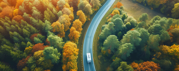 A car drives down a paved road in a mountainous area that cuts through a forest