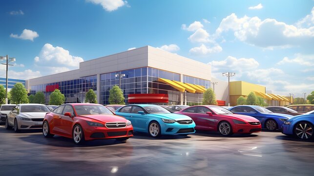 Digital visualization of a typical car dealer's stock lot. The scene is brimming with various cars, each with distinct features and designs
