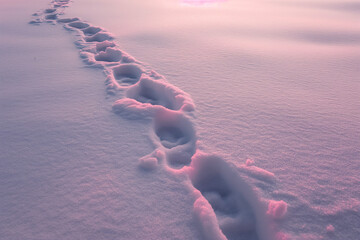  the footprints of a calming person on snow-covered ground, rhythm emphasizing extreme unpleasantness and a complete lack of beauty, pale pink lights. - obrazy, fototapety, plakaty