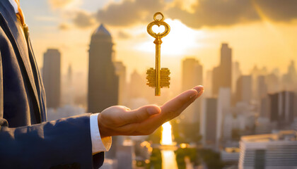 Suited Hand Holding the Key to Success Against a Golden Cityscape Background