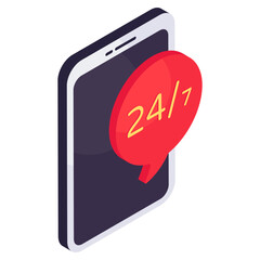Conceptual isometric design icon of 24/7hr chat