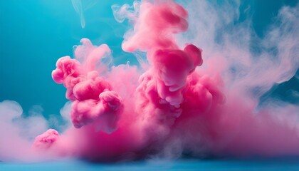 puffs of pink smoke in front of a blue background stock photo in the style of bold color blobs...