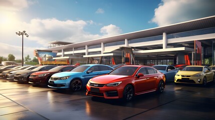 Digital visualization of a typical car dealer's stock lot. The scene is brimming with various cars, each with distinct features and designs
 - obrazy, fototapety, plakaty