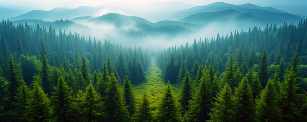 Foggy Mountain Landscape with Trees and Clouds