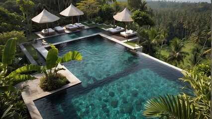 A tropical swimming pool situated amidst the stunning landscape of Indonesia's captivating island is an exotic haven in Bali