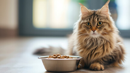 Close up cute cat kitty eating from a bowl against blurred kitchen background, looking at camera with copyspace for text