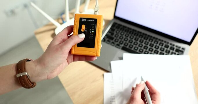 RJ45 cable network tester and internet speed tester. Twisted pair test tool concept