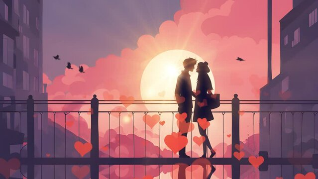 Romantic Couple In Love in the Evening Sun. Lofi Animated Valentine&acute;s Day Scene -Seamless 4k Loop