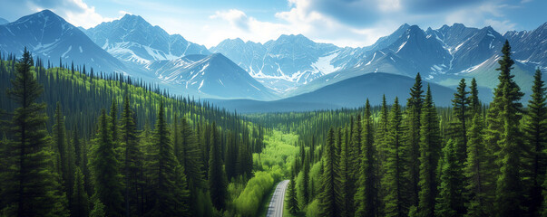 Mountain Path Winds Through Majestic Landscape , with Snow-Capped Peaks, Lush Forests, and a Picturesque Valley View