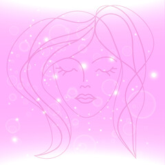 Beautiful woman face on a pink background with sparkles. A postcard for the holiday.