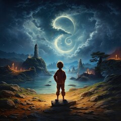 Surreal child looking at question mark in sky