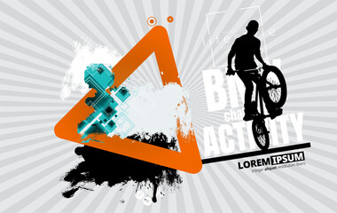 Vector banner or flyer with cyclist on the bike. Abstract poster of BMX competitions sport template. - 727203798