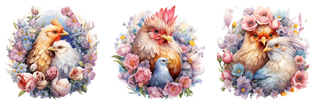 Cute Chicken And Flowers Clipart.