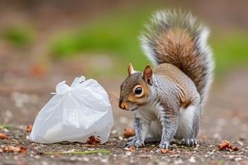 A cute and curious squirrel with a bushy tail observing a discarded white plastic bag on the green grassy ground in the tranquil city park on a sunny and serene day.
