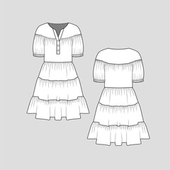 Gathering Tiered Dress Ruched gathering hem Henley Neck Button panel Peplum dresses Fashion flat sketch technical drawing template design vector