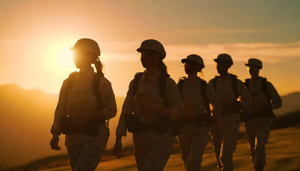 Sunset Sentinel USA Female Soldier Walking into the Sunset, Backlit Image in Golden Hues