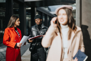 Mixed race team of young business partners engaging in a project discussion outdoors.